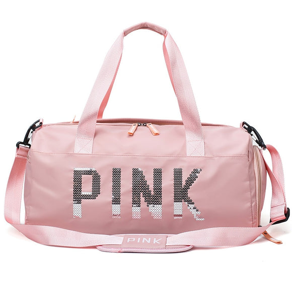 Women Sequins PINK Travel and Fitness Training Bag For Sports, Gym, Yoga or Travel with Dry / Wet Separation for Shoes or Clothing