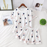 Women's two piece Cotton Heart Print Sleepwear Pyjamas Shorts Suit