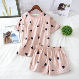 Women's two piece Cotton Heart Print Sleepwear Pyjamas Shorts Suit