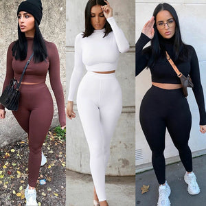 Women's Two Piece Solid Colour High Waist Crop Top And Leggings