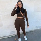 Women's Two Piece Solid Colour High Waist Crop Top And Leggings